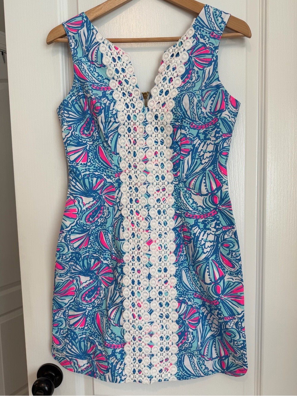 Lilly Pulitzer Blue & Pink Shell Print Shift Dress with Lace Embroidered Trim